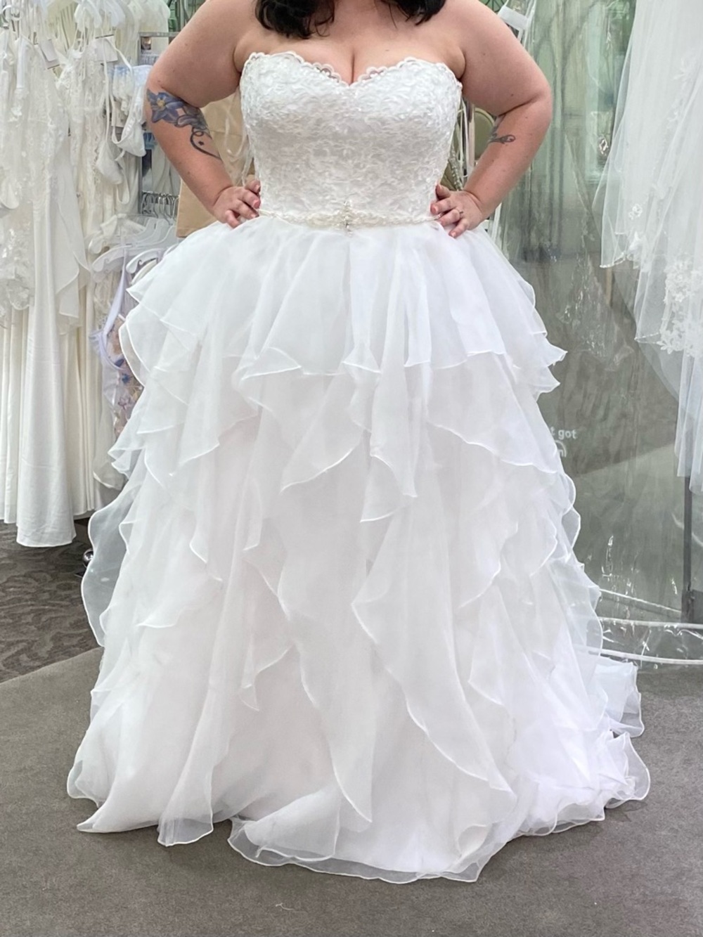 David's Bridal Collection Lace and Organza Wedding Ball Gown